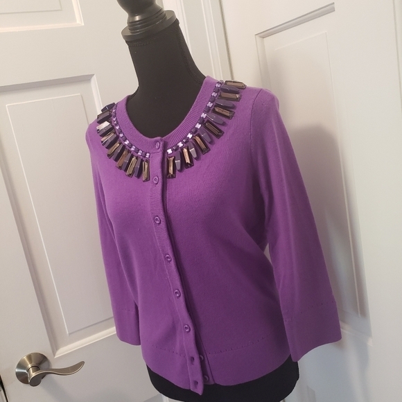 Kate Spade Purple Wool Cardigan Embellished neckline Small - Picture 2 of 12